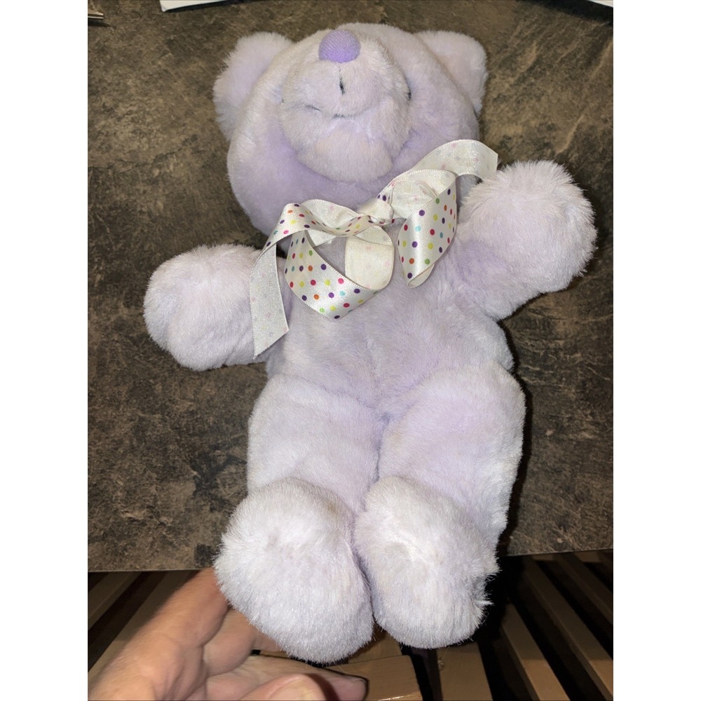 Vintage Applause Purple Lilac 13" Teddy Bear Plush Satin Heart Ribbon Bow Fluffy